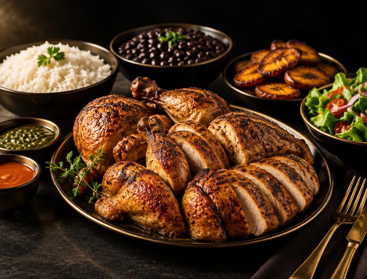Roasted chicken family combo with rice, beans, sweet plantains and house sauces at Gabriela's Latin Fusion
